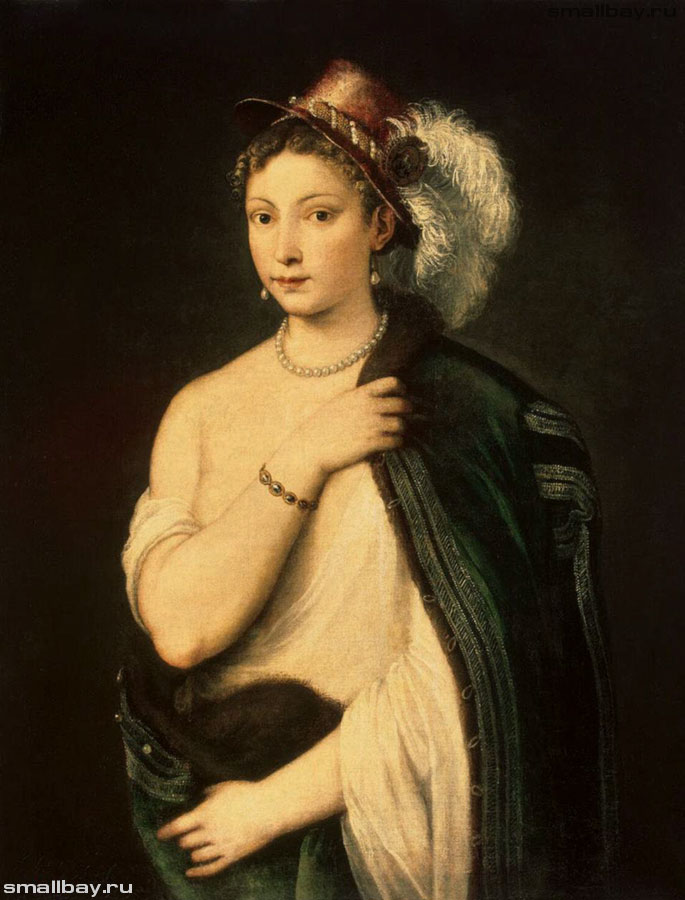 Тициан Портрет молодой женщины в шляпе с пером