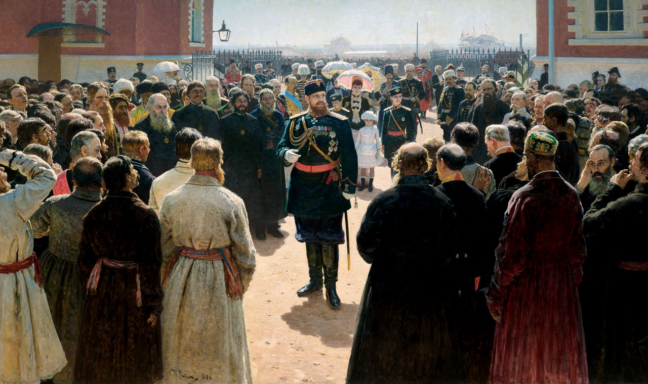 Прием волостных старшин императором Александром III во дворе Петровского дворца Репин